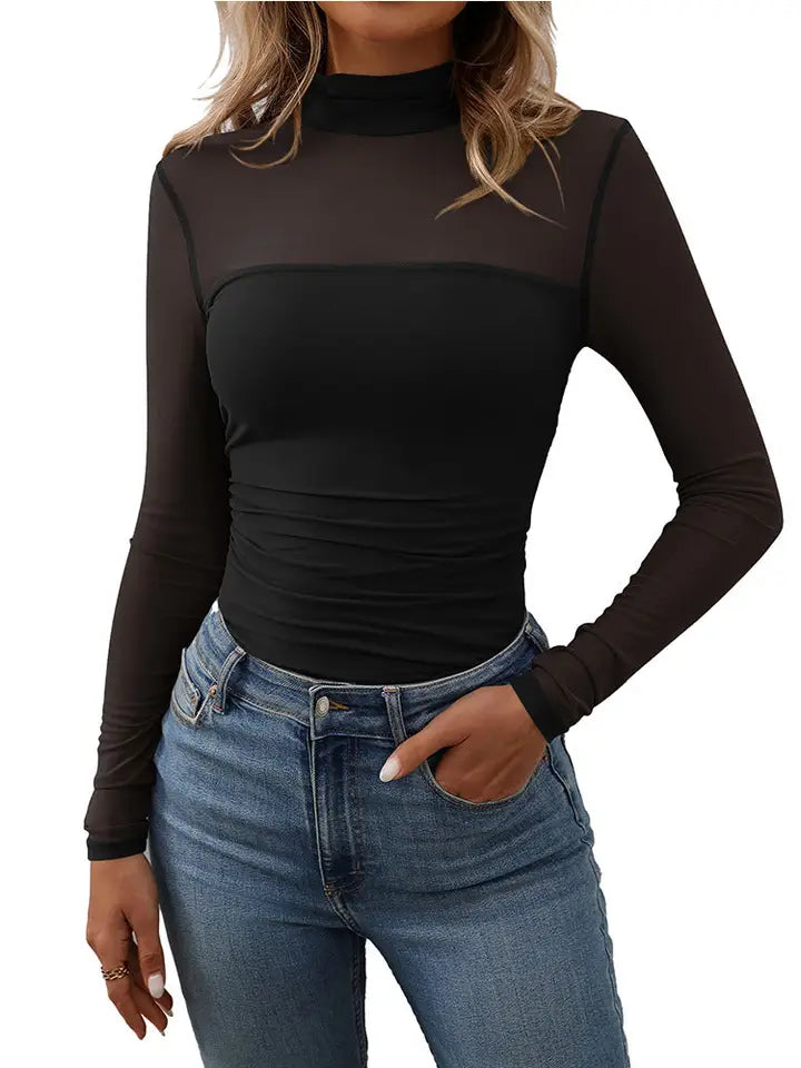 Half High Neck Sheer Long Sleeve Mesh Top