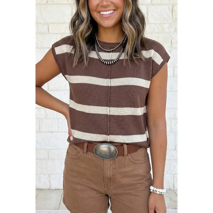 Brown Stripped Knit Short Sleeve Sweater