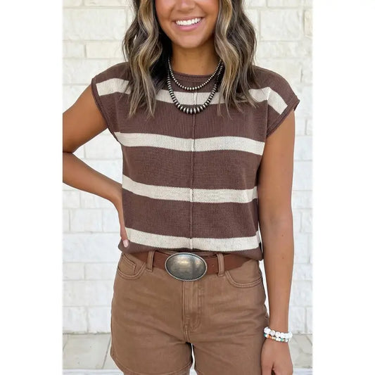 Brown Stripped Knit Short Sleeve Sweater