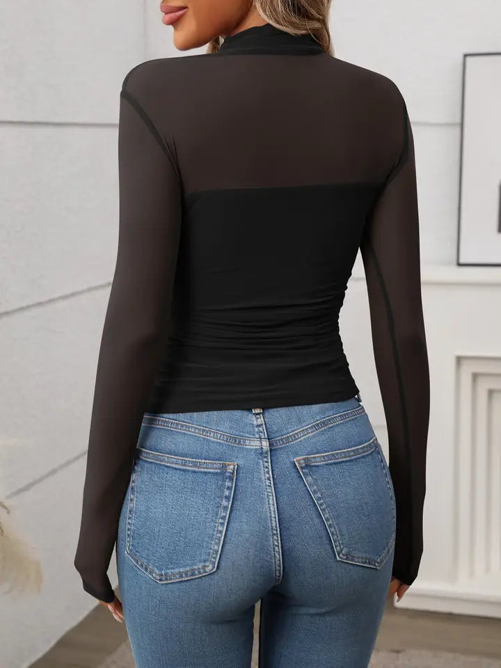 Half High Neck Sheer Long Sleeve Mesh Top