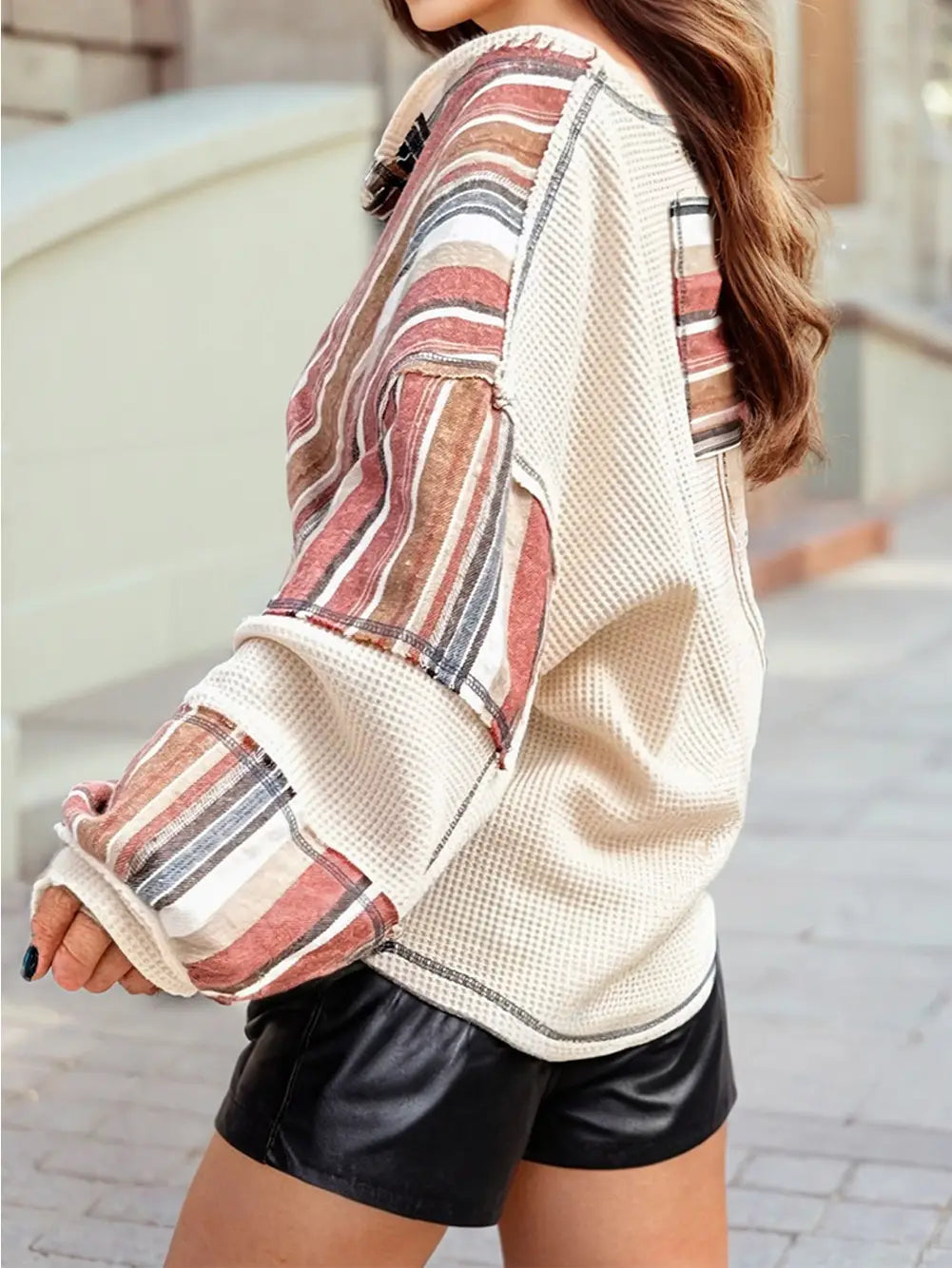 Waffle Patchwork Exposed Seam Raw Edge Casual Knit Top