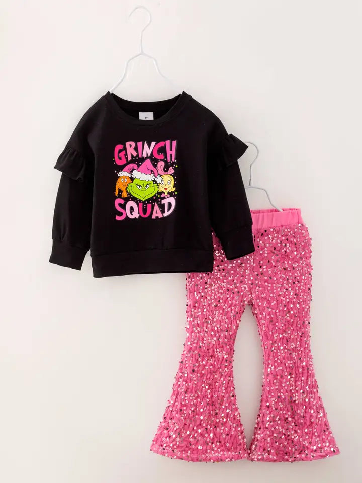 Christmas Grinch Sequins Girl Bell Pant Set