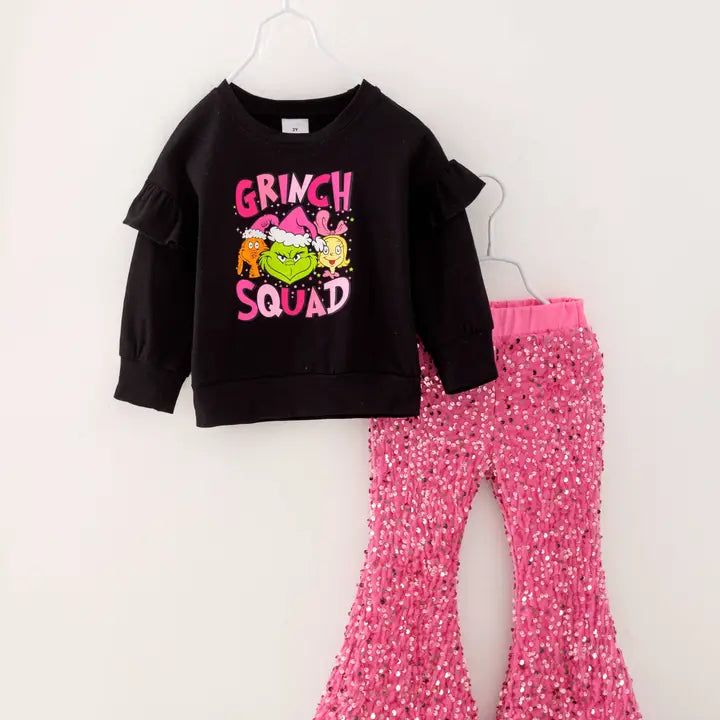 Christmas Grinch Sequins Girl Bell Pant Set Kids Clothes