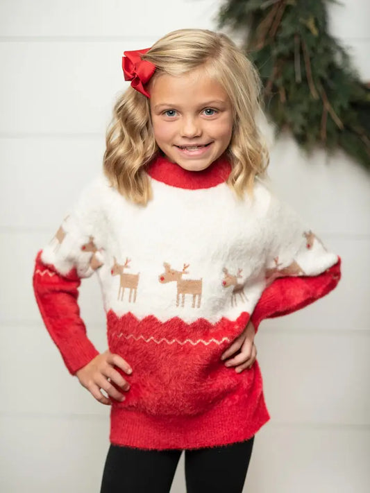 Kids Fuzzy Soft Christmas Holiday Reindeer Crew Neck Sweater