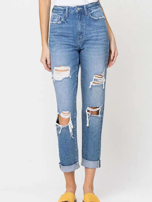 Distressed Rigid Mom Jean With Rolled Cuff