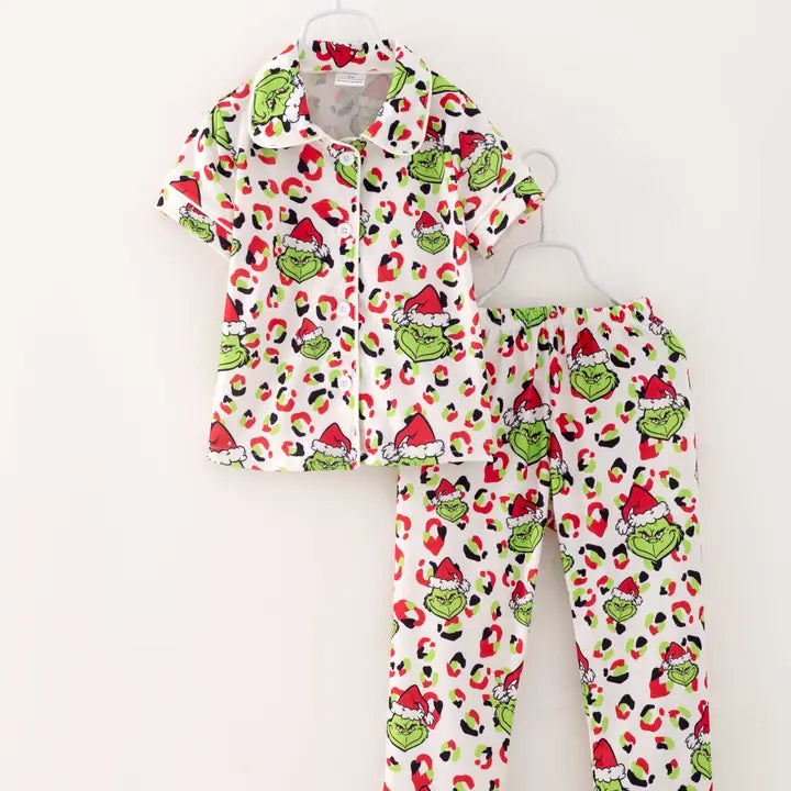 Christmas Grinch Leopard Girl Pajamas Sleepwear Kids Clothes