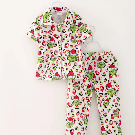 Christmas Grinch Leopard Girl Pajamas Sleepwear Kids Clothes