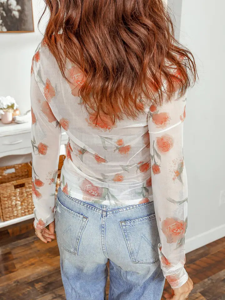 Casual Round Neck Floral Print Mesh Long Sleeve Top