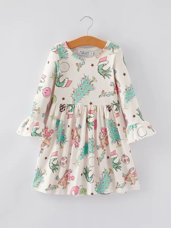 Christmas Cartoon Characters Print Girls Dress