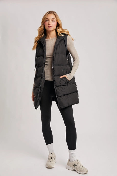 Hooded Zipper Down Longline Puffer Vest