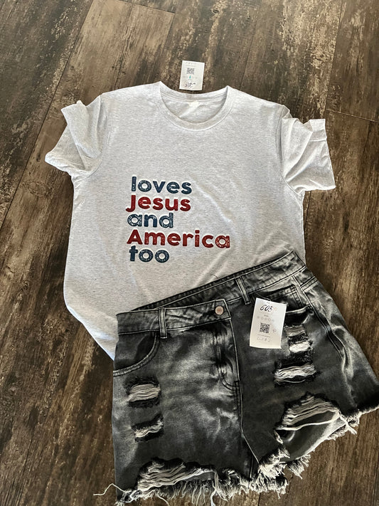 Graphic T-Shirt Loves Jesus and America Too- Adult