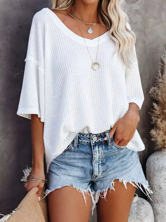 Waffle Knit Drop Shoulder Loose Top