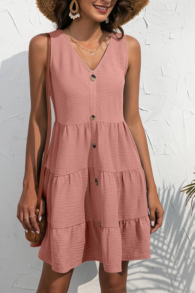Plain V Neck Buttoned Tiered Dress YBL051: Pink / M