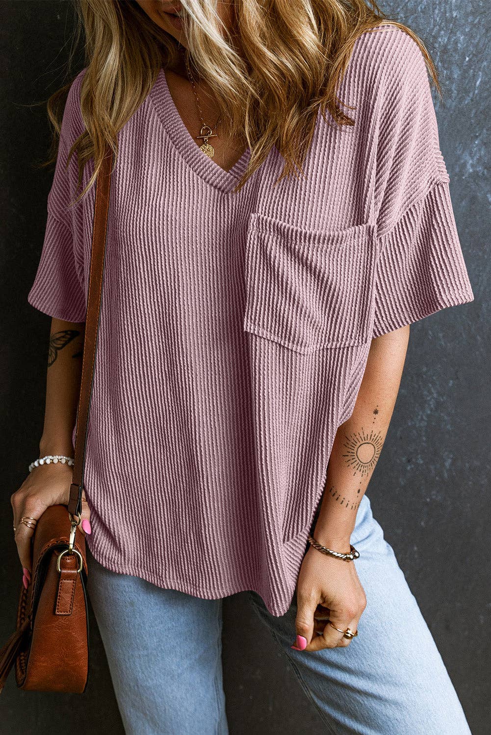 V Neck Chest Pocket Loose T-shirt