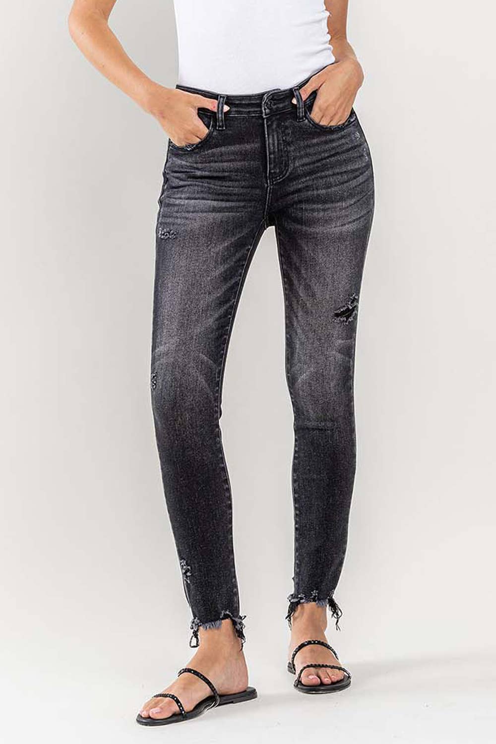 VERVET : MID RISE UNEVEN RAW HEM CROP SKINNY JEANS-WELL-MADE