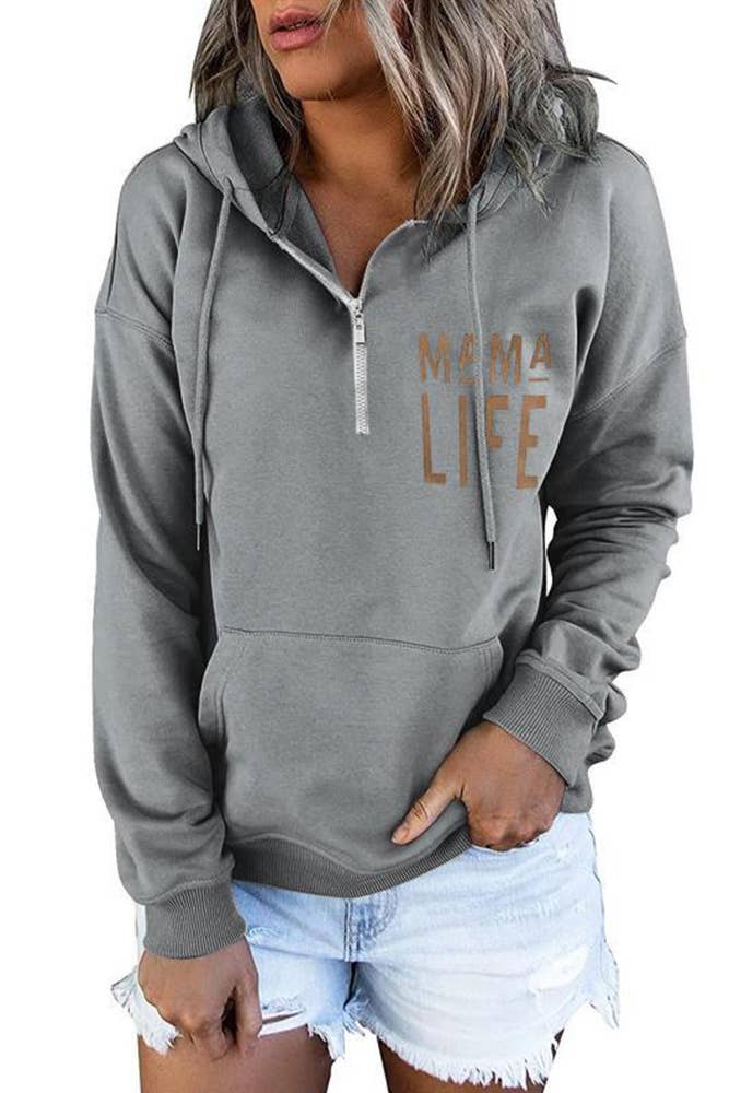 Mama Life Zipper Hooded Kangaroo Pockets Sweatshirt